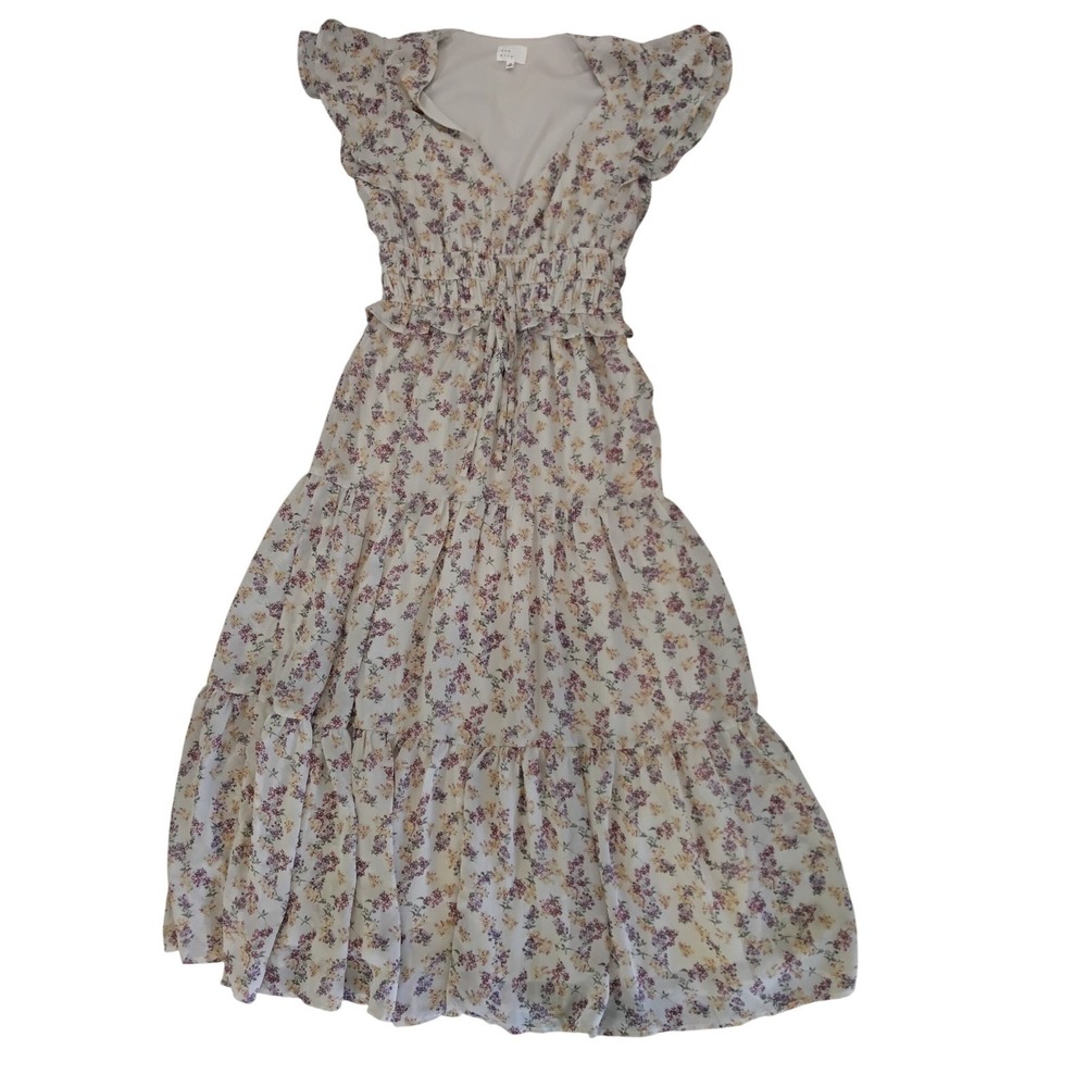 Dee Elly Floral Maxi Dress Womens XS Cream V-Neck Smocked Waist Tiered Flutter
